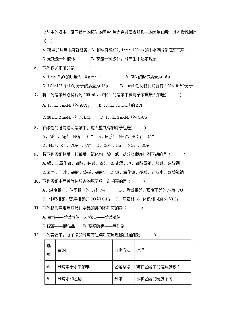 【化学】江西省上饶市“山江湖”协作体2019-2020学年高一上学期期中联考(统招班)试题02
