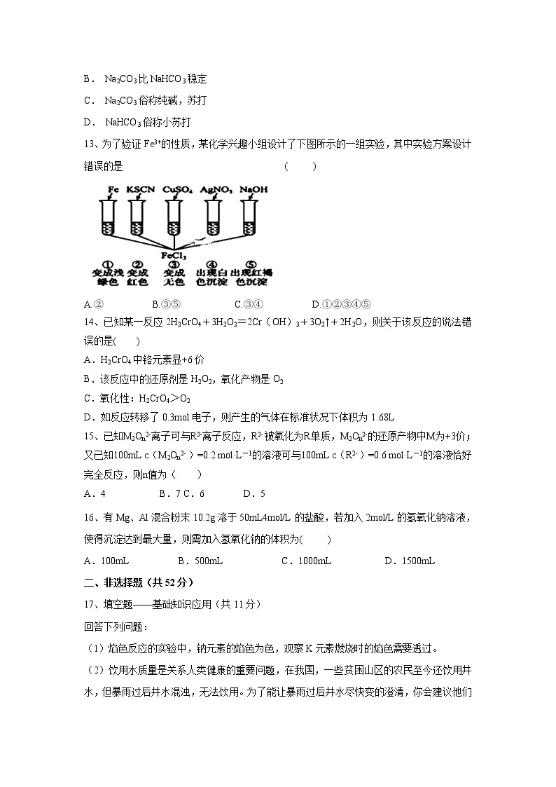 【化学】内蒙古乌丹一中2018-2019学年高一上学期第二次阶段性测试试卷03