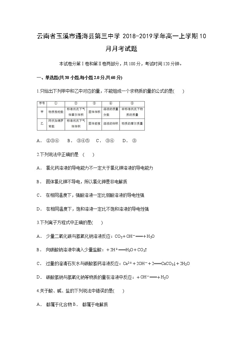 【化学】云南省玉溪市通海县第三中学2018-2019学年高一上学期10月月考试题(解析版)01