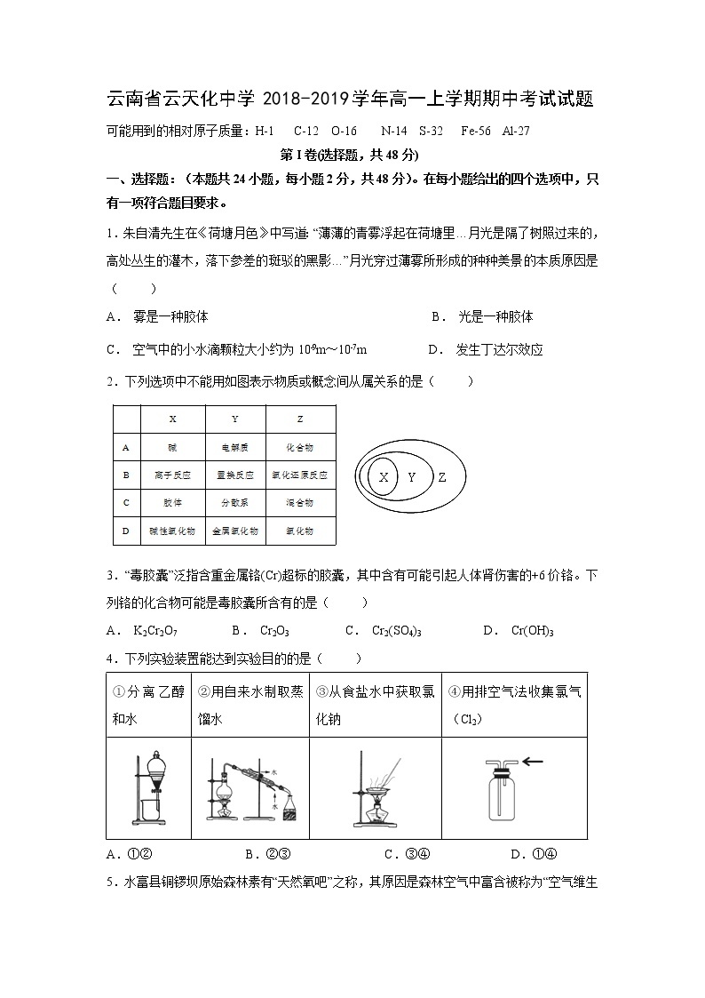 【化学】云南省云天化中学2018-2019学年高一上学期期中考试试题01