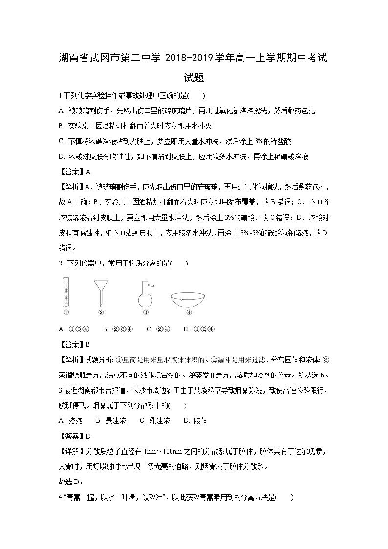 【化学】湖南省武冈市第二中学2018-2019学年高一上学期期中考试试题(解析版)01