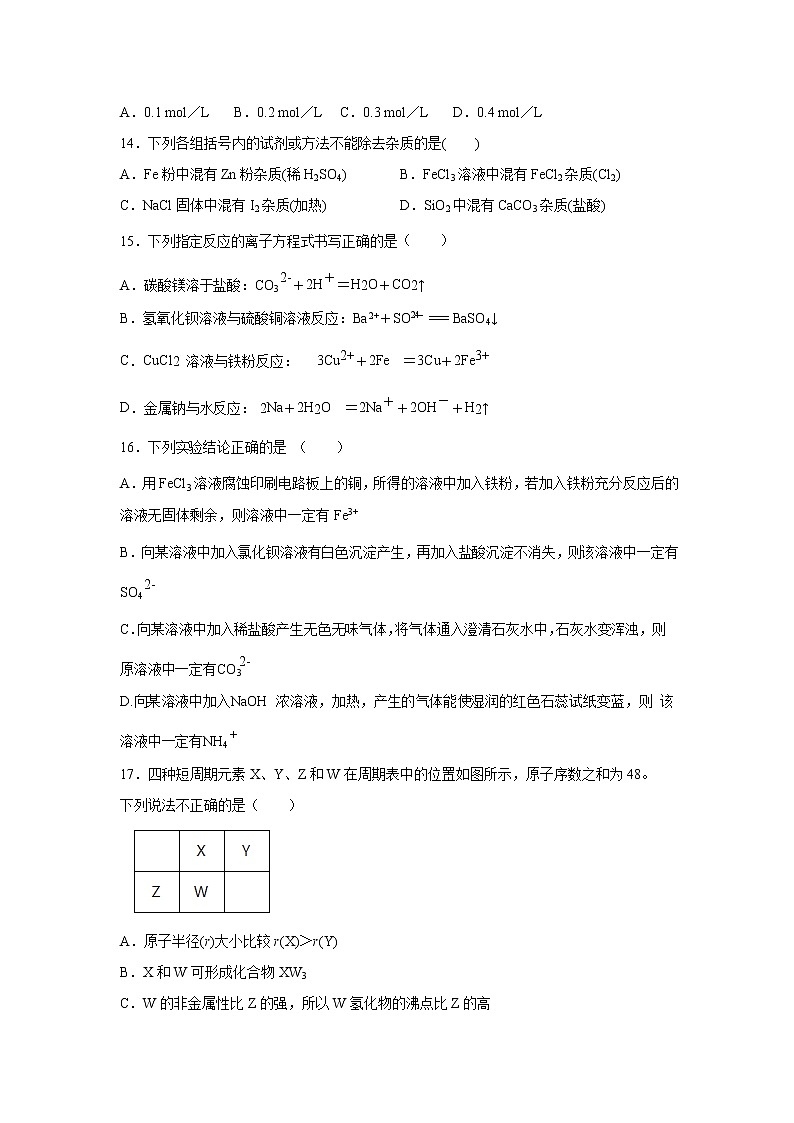 【化学】浙江省杭州市临安市於潜中学2018-2019学年高一上学期期末模拟试题03