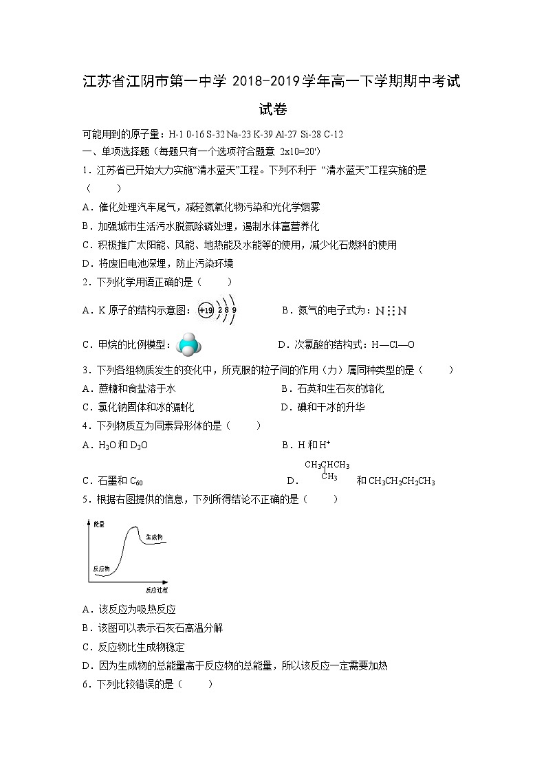【化学】江苏省江阴市第一中学2018-2019学年高一下学期期中考试试卷第1页