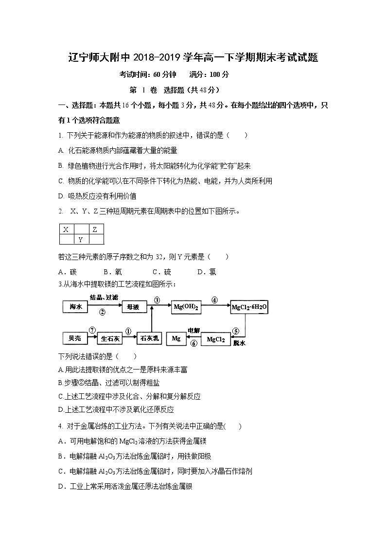 【化学】辽宁师大附中2018-2019学年高一下学期期末考试试题01