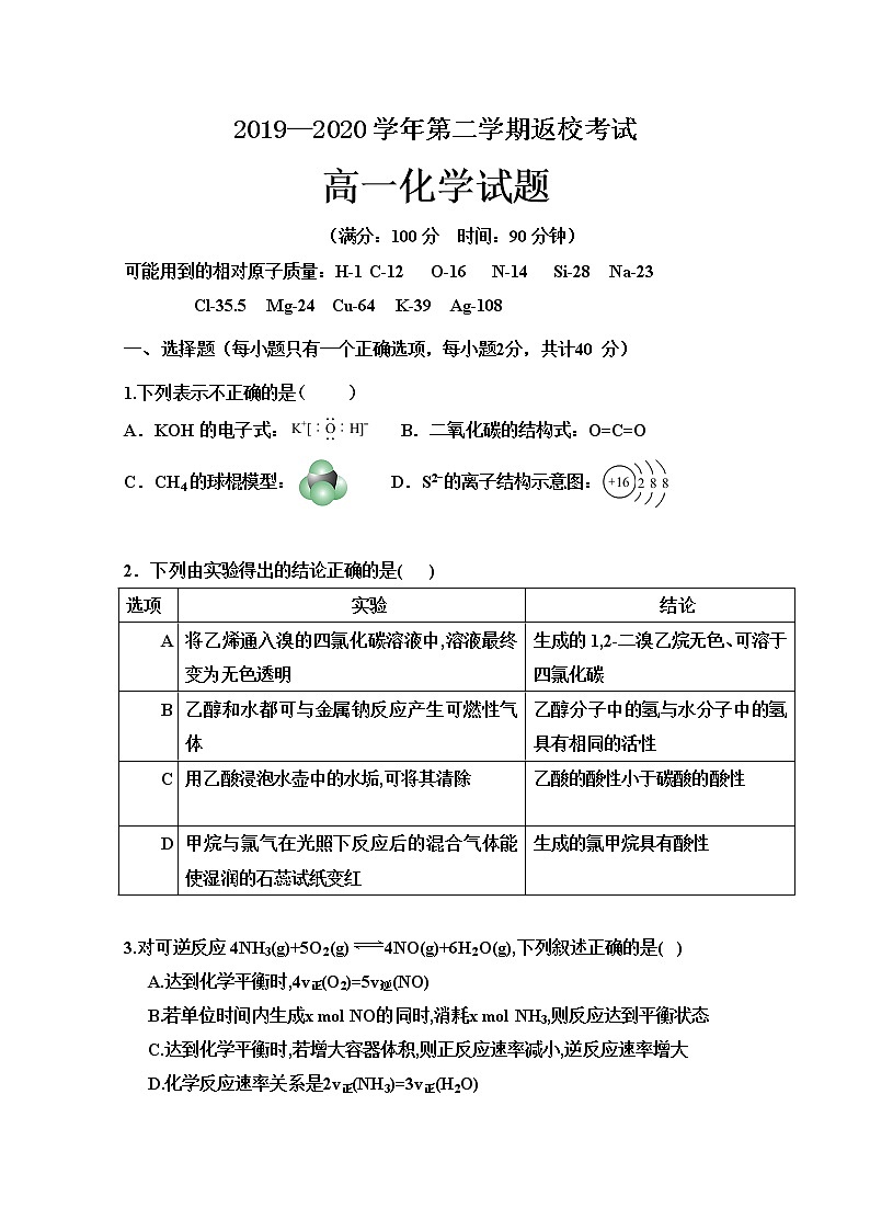 河北省鸡泽一中2019-2020学年高一下学期开学考试化学试题第1页
