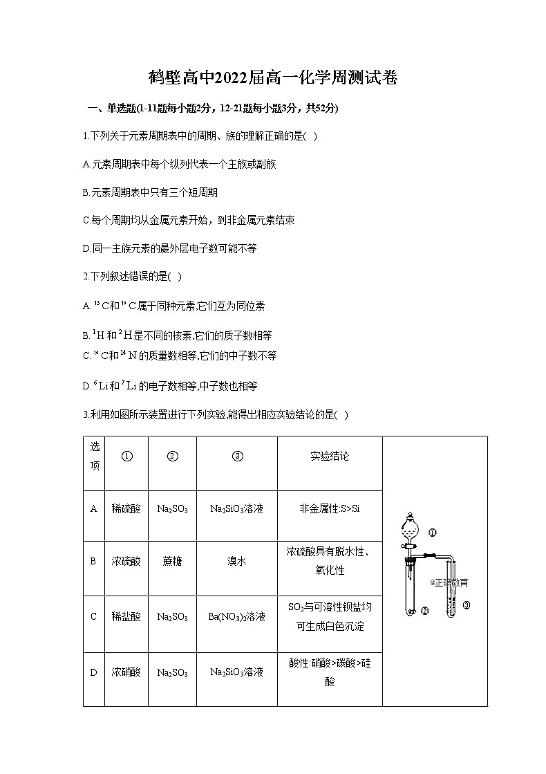 河南省鹤壁市高级中学2019-2020学年高一下学期周考化学试题(5月)01