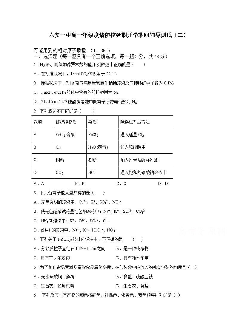安徽省六安市第一中學(xué)2019-2020學(xué)年高一下學(xué)期疫情防控延期開學(xué)期間輔導(dǎo)測(cè)試（二）化學(xué)試題第1頁(yè)