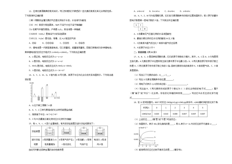 江西省濂溪一中2019-2020学年高一下学期期中阶段性评价考试化学试题02