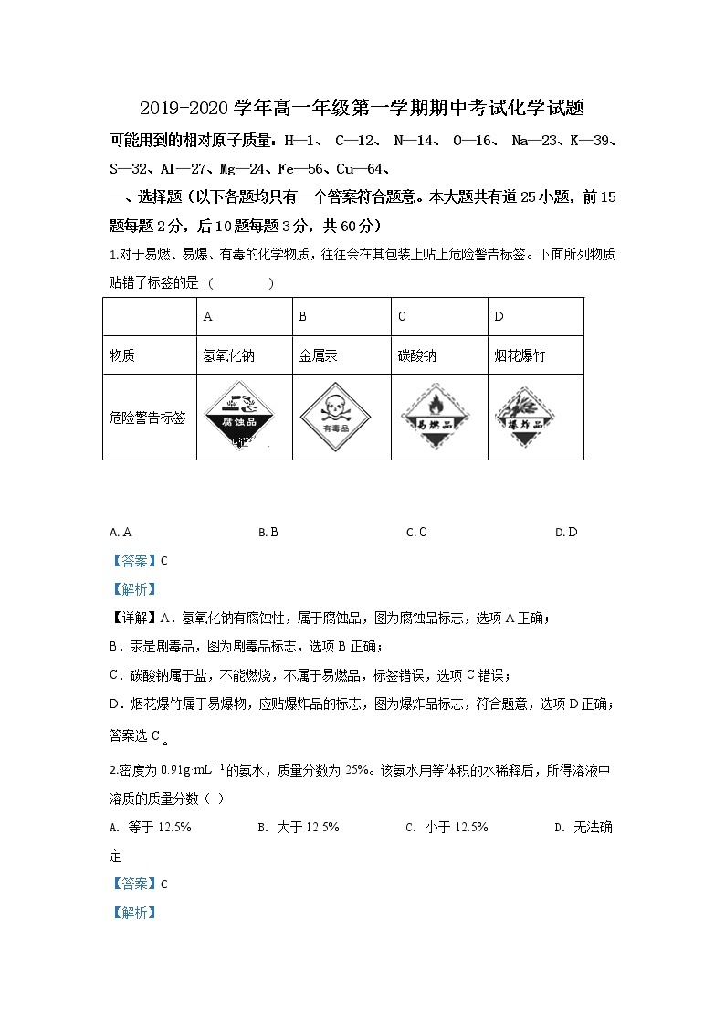 河北省衡水市阜城中学2019-2020学年高一上学期期中考试化学试题01