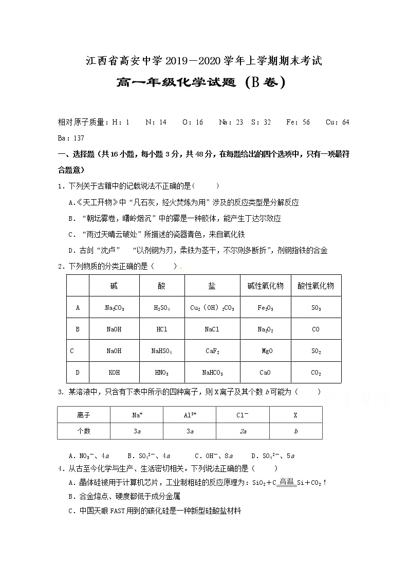 江西省高安中学2019-2020学年高一上学期期末考试化学试题（A卷）01