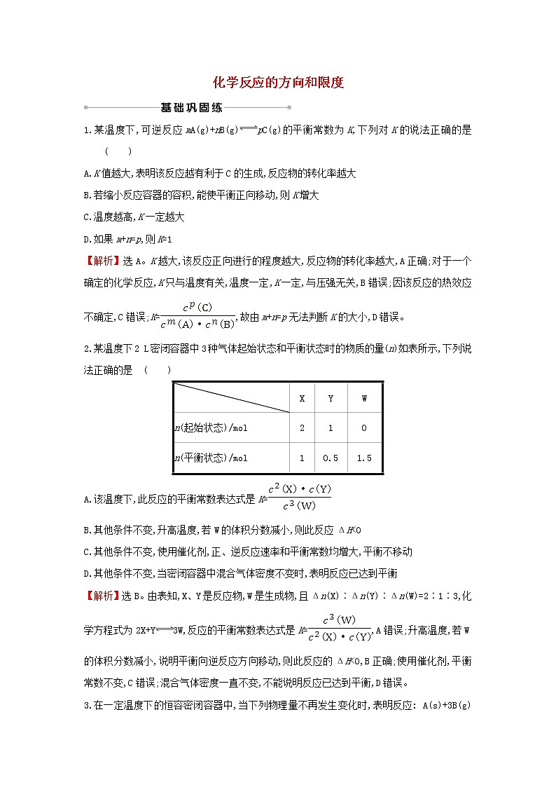 2021版高考化学一轮复习课时提升作业二十化学反应的方向和限度含解析苏教版 练习01