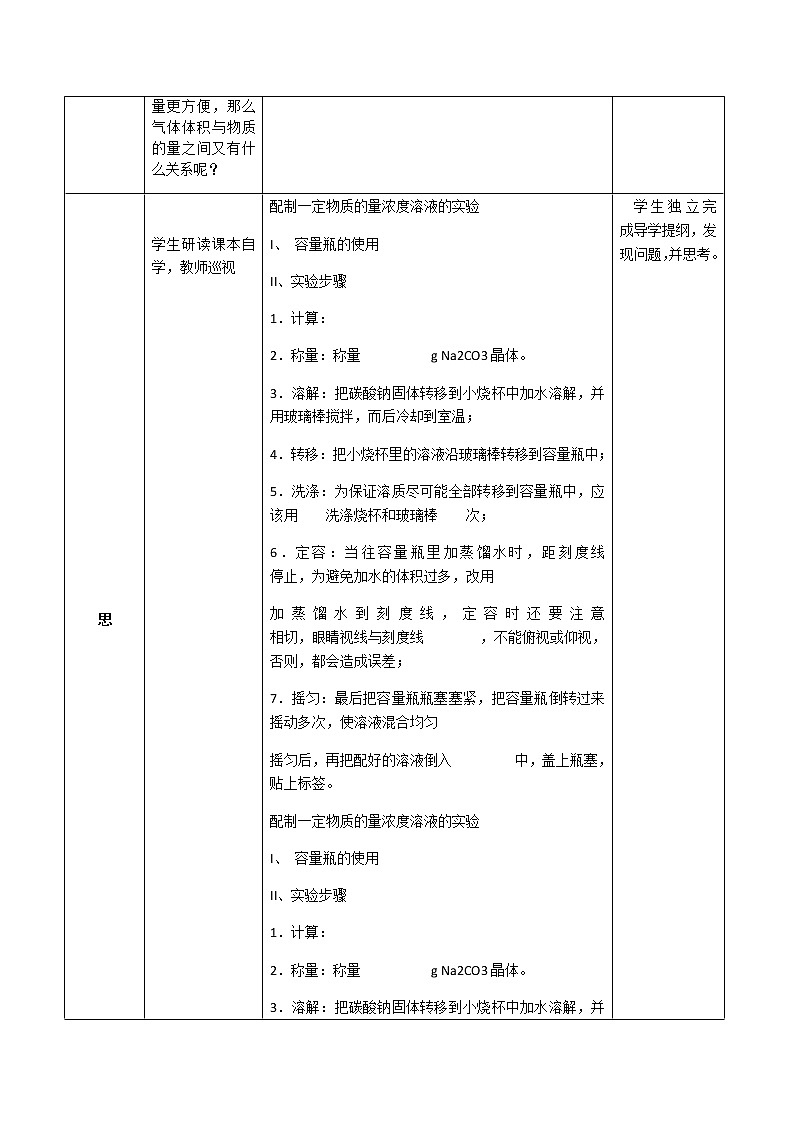 湖北省武汉为明学校人教版高一化学必修一:1.2.6物质的量(六)——溶液配制教案02