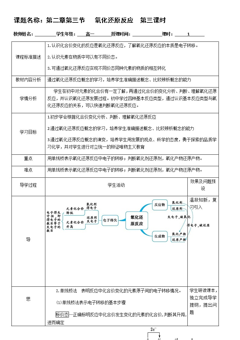 湖北省武汉为明学校人教版高一化学必修一:2.3.3氧化还原反应第3课时教案01