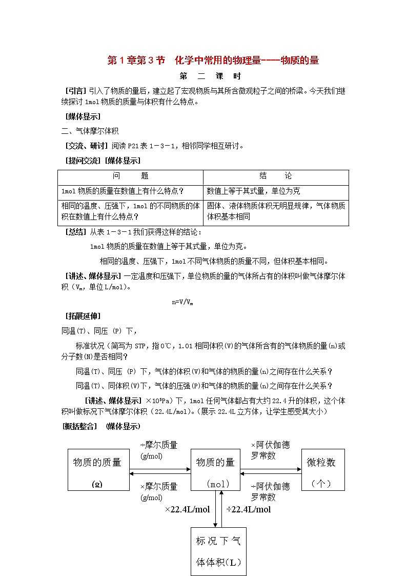 1.3 化学中常用的物理量----物质的量(2) 教案第1页