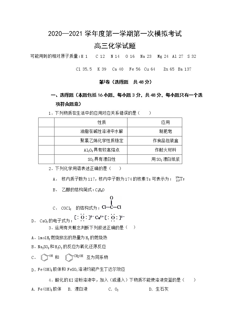 陕西省洛南中学2021届高三上学期第一次模拟化学试题01
