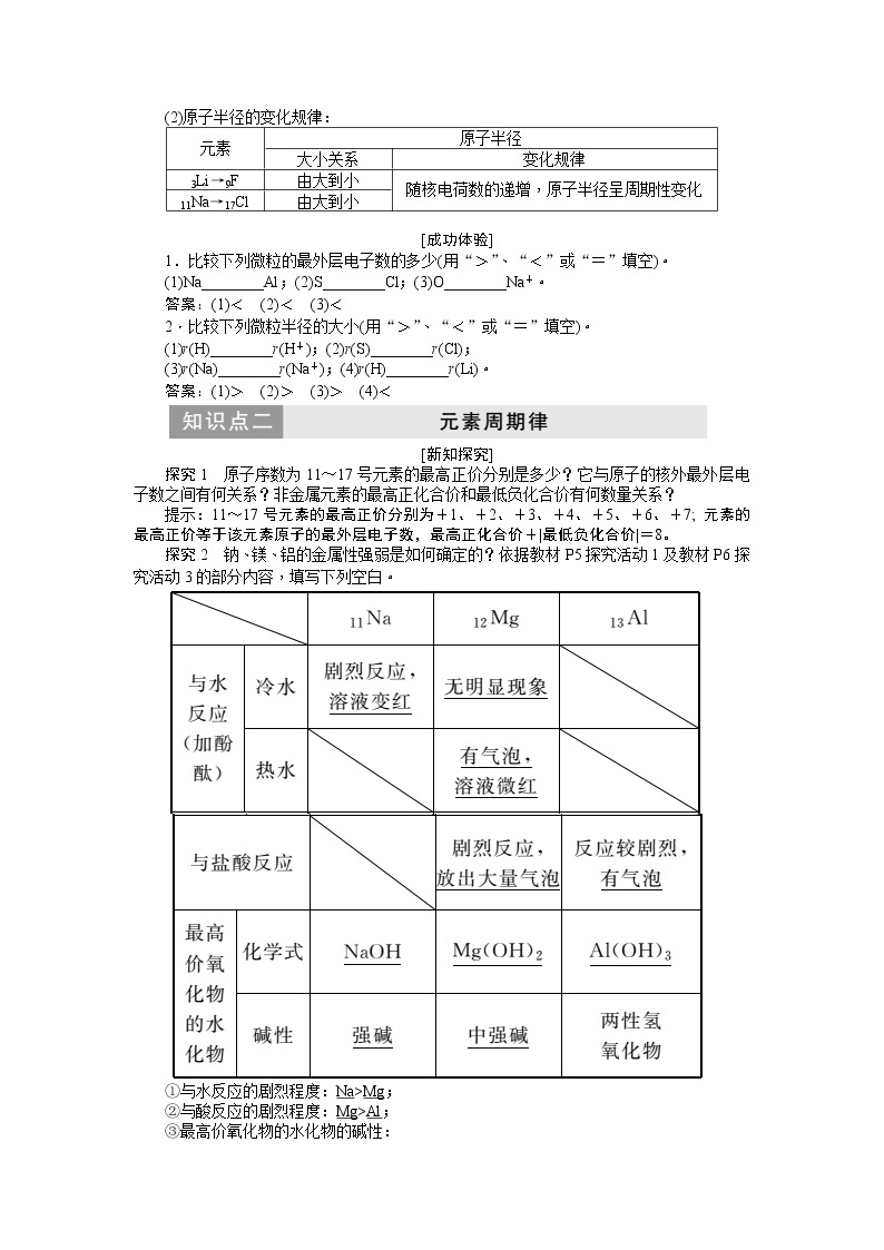 2019新创新化学人苏教版必修2讲义：第1部分专题1第一单元第二课时元素周期律02