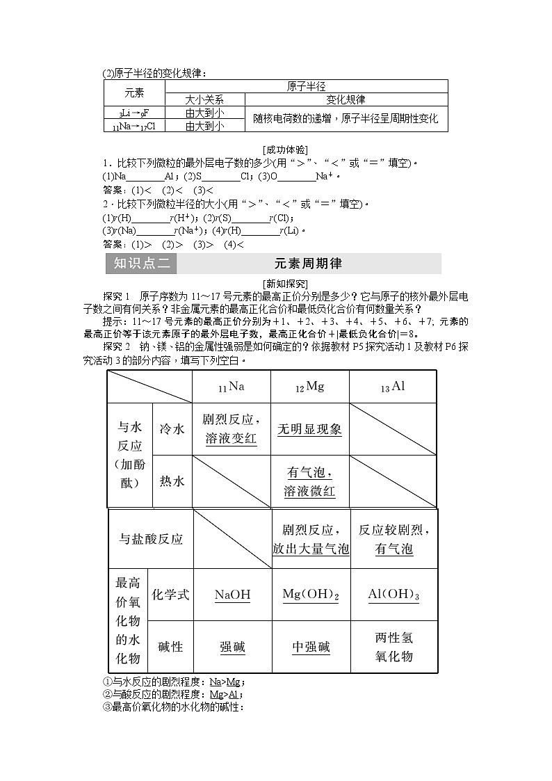 2019新创新化学人苏教版必修2讲义:第1部分专题1第一单元第二课时元素周期律02
