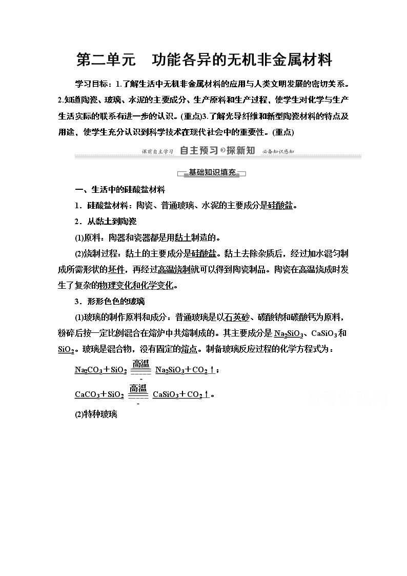 2020-2021学年化学苏教版选修1教师用书：专题3第2单元　功能各异的无机非金属材料01