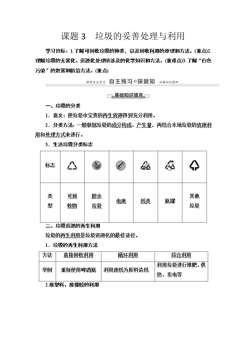 2020-2021学年化学鲁科版选修一教师用书：主题1课题3　垃圾的妥善处理与利用01