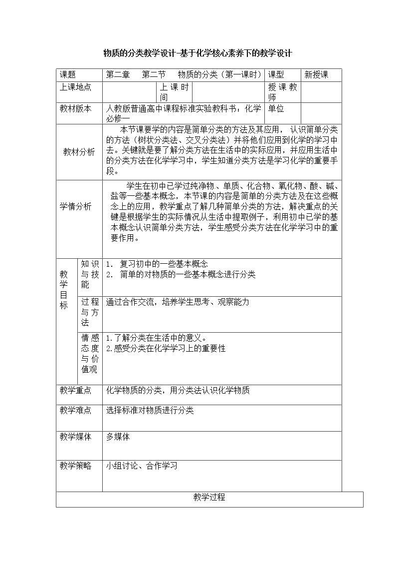 安徽省蚌埠市第二中学人教版高中化学必修一2.1物质的分类教学设计01