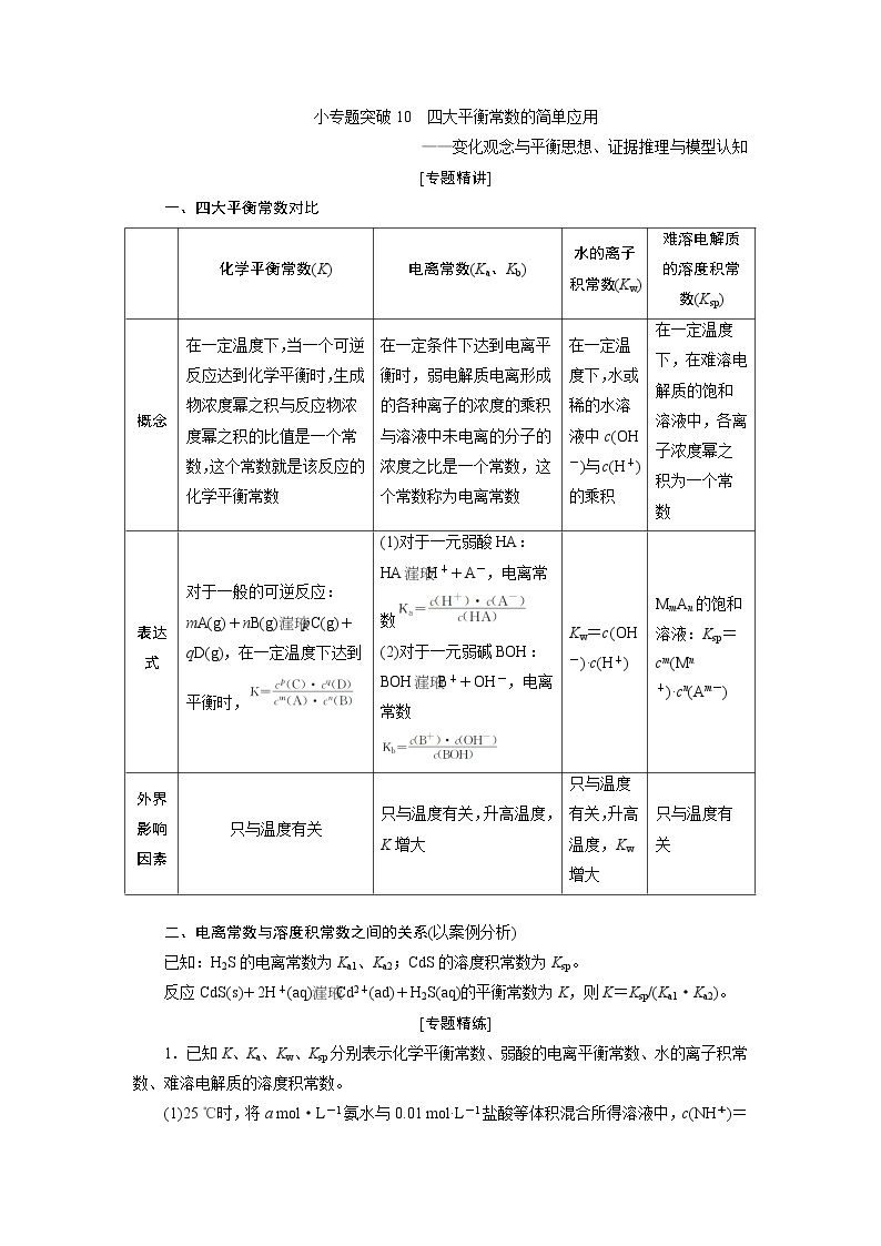 2021版新高考地区选考化学（人教版）一轮复习教师用书：小专题突破10　四大平衡常数的简单应用01