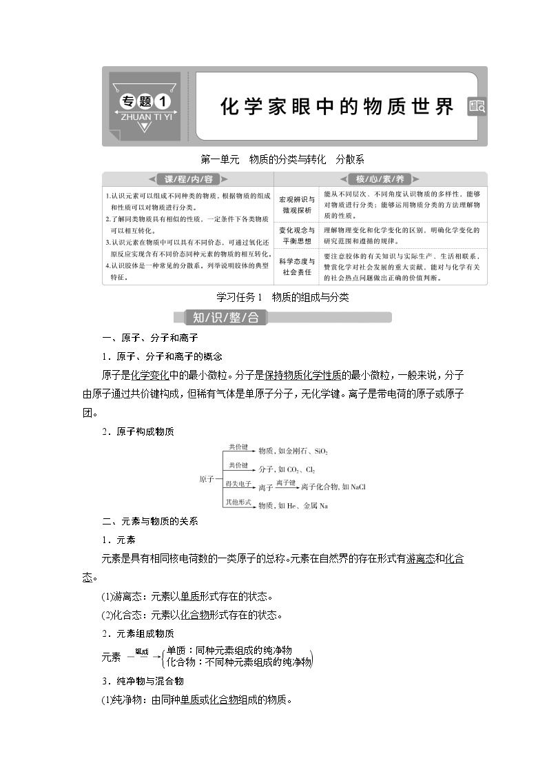 2021版江苏新高考选考化学（苏教版）一轮复习教师用书：专题11第一单元　物质的分类与转化　分散系01