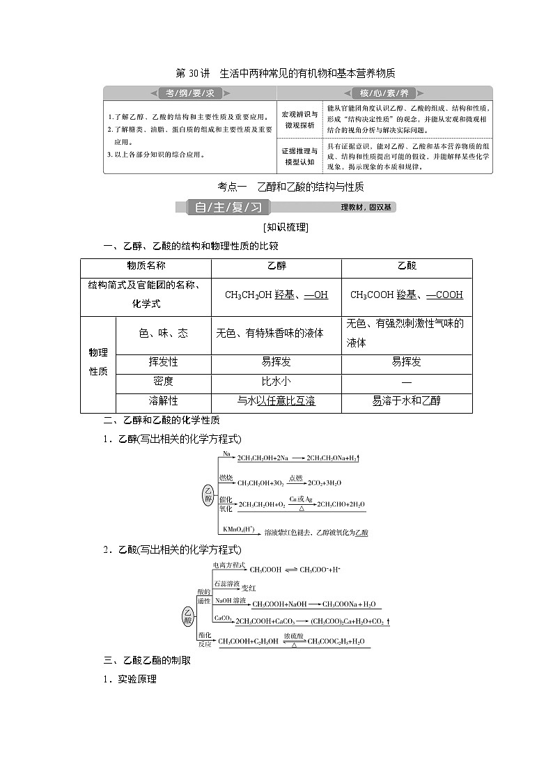 2021版高考化学(人教版)一轮复习学案:第30讲 生活中两种常见的有机物和基本营养物质01
