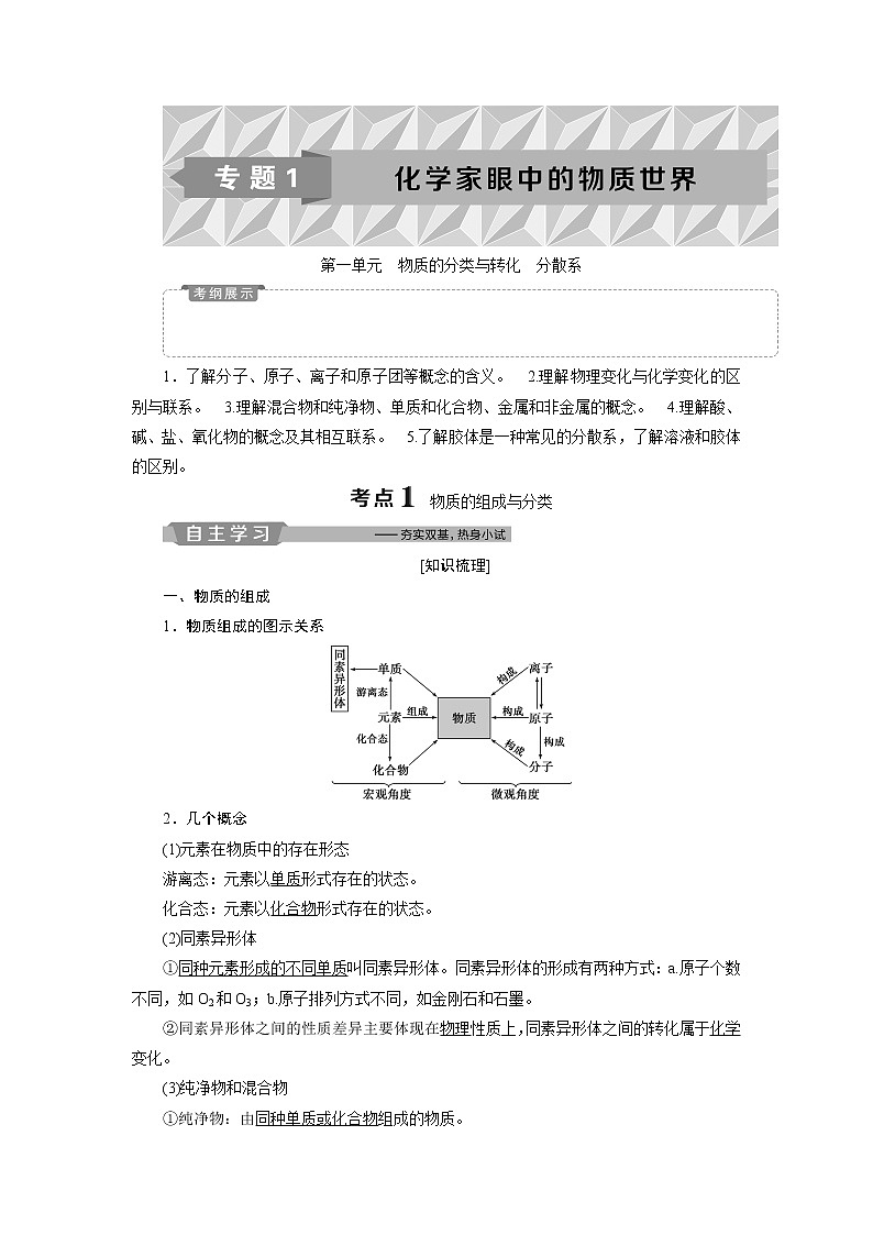 2019版高考化学一轮精选教师用书苏教专用:专题11第一单元 物质的分类与转化 分散系01