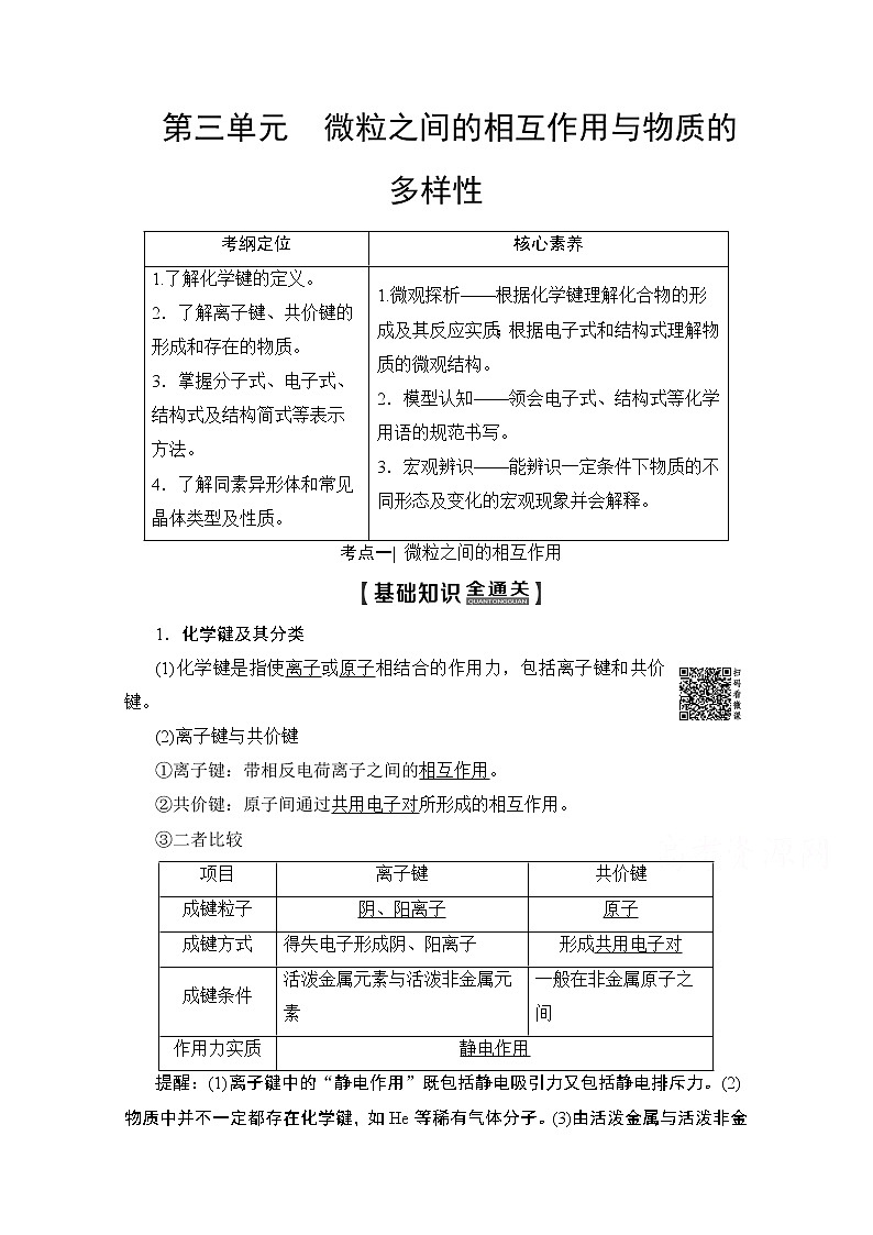 2020版新一线高考化学(苏教版)一轮复习讲义:第1部分专题5第3单元微粒之间的相互作用与物质的多样性01