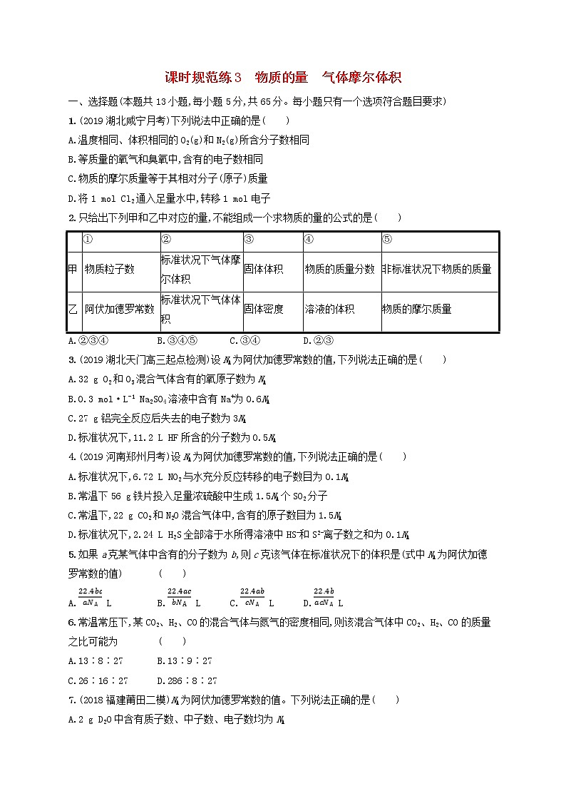 2020版高考化学大一轮复习课时规范练《3物质的量气体摩尔体积》鲁科版(含解析)01