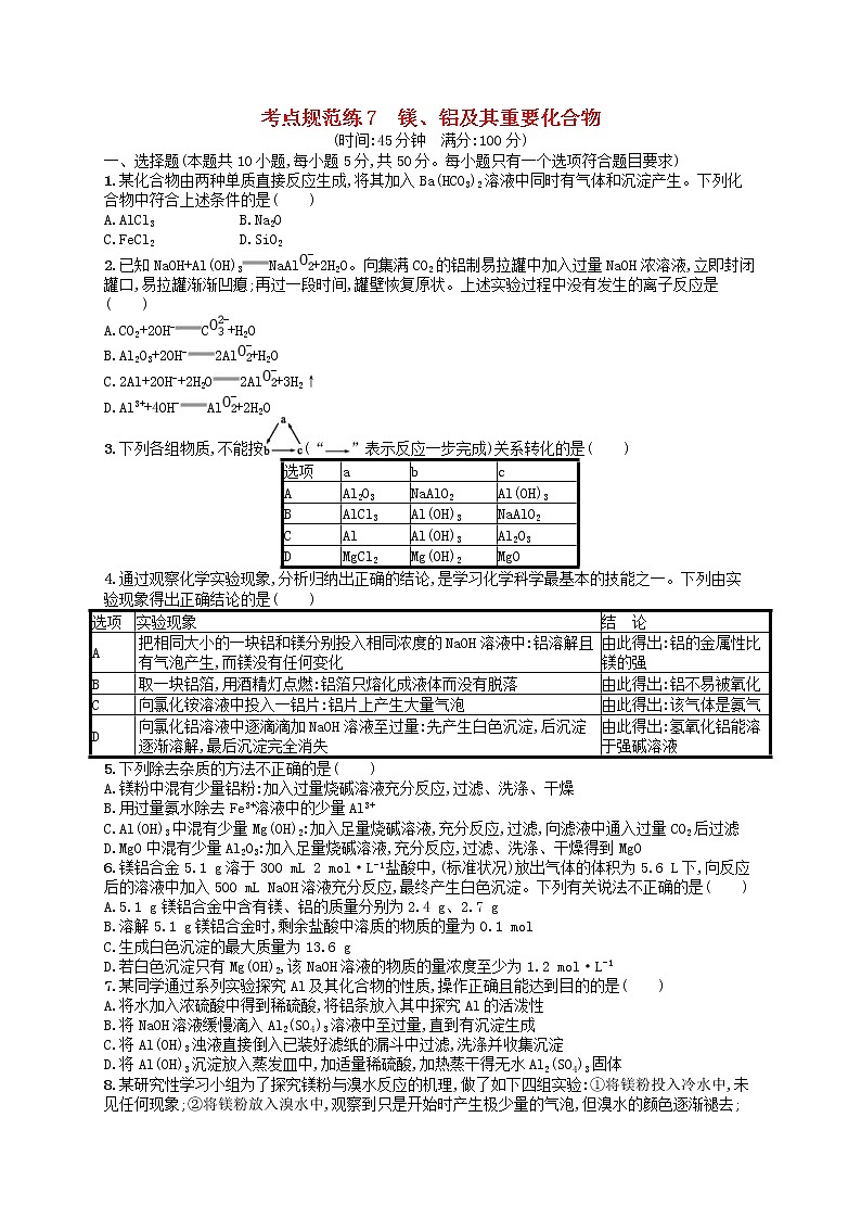 2020高考化学一轮复习考点规范练07《镁铝及其重要化合物》(含解析)第1页