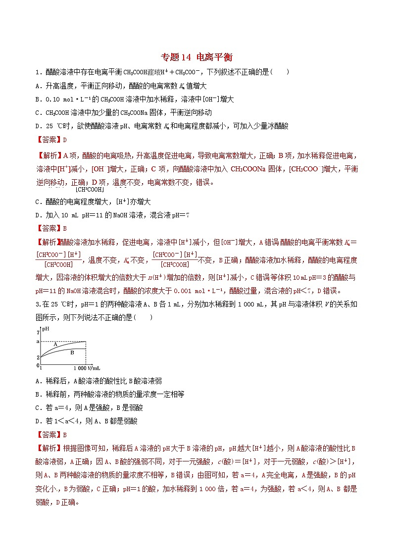 2019年高考化学二轮复习专题练习:14电离平衡(含解析)01