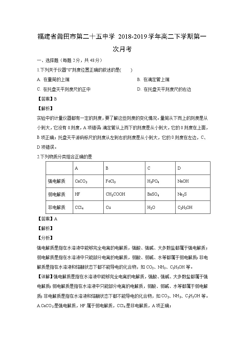 【化学】福建省莆田市第二十五中学2018-2019学年高二下学期第一次月考(解析版)第1页