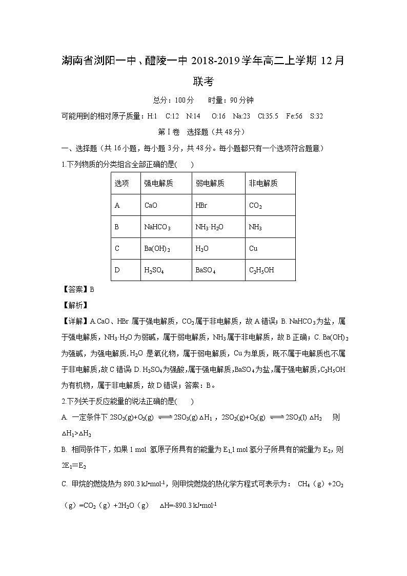 【化学】湖南省浏阳一中、醴陵一中2018-2019学年高二上学期12月联考(解析版) 试卷01