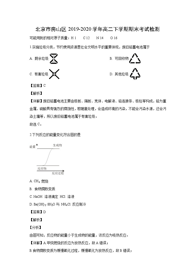 【化学】北京市房山区2019-2020学年高二下学期期末考试检测(解析版)01