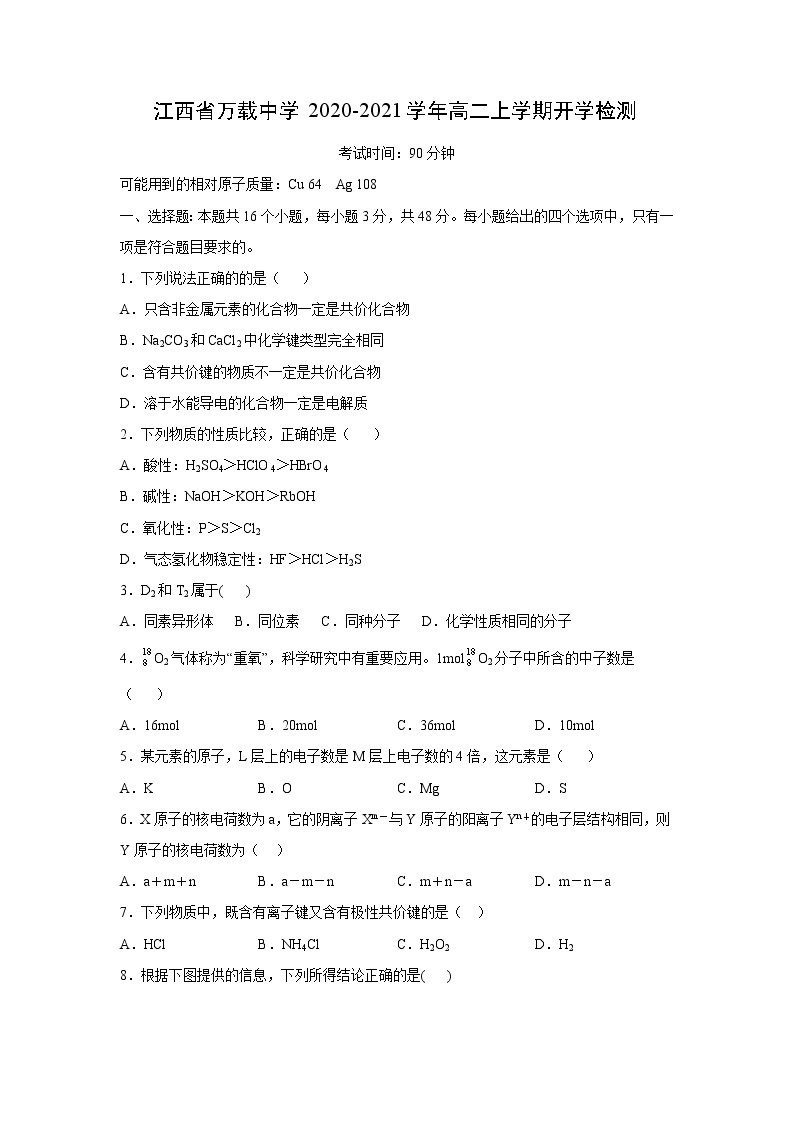 【化学】江西省万载中学2020-2021学年高二上学期开学检测01