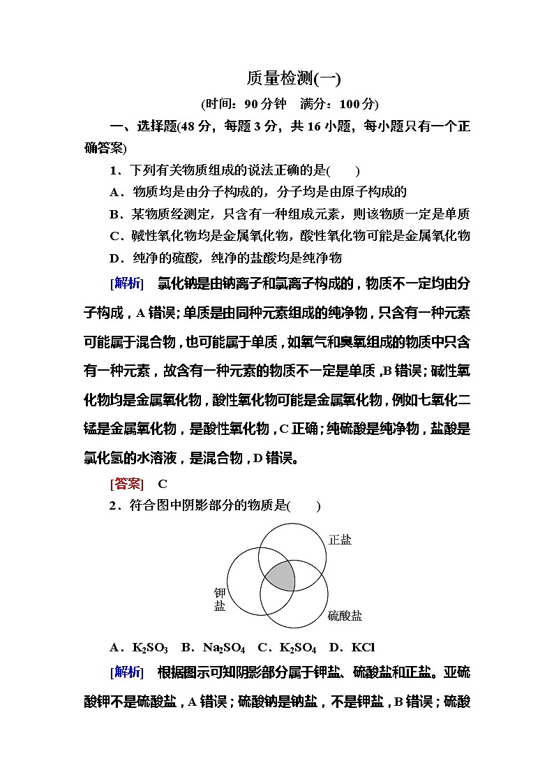 2019—2020学年新教材课标版高中化学必修第一册质量检测1 物质及其变化01