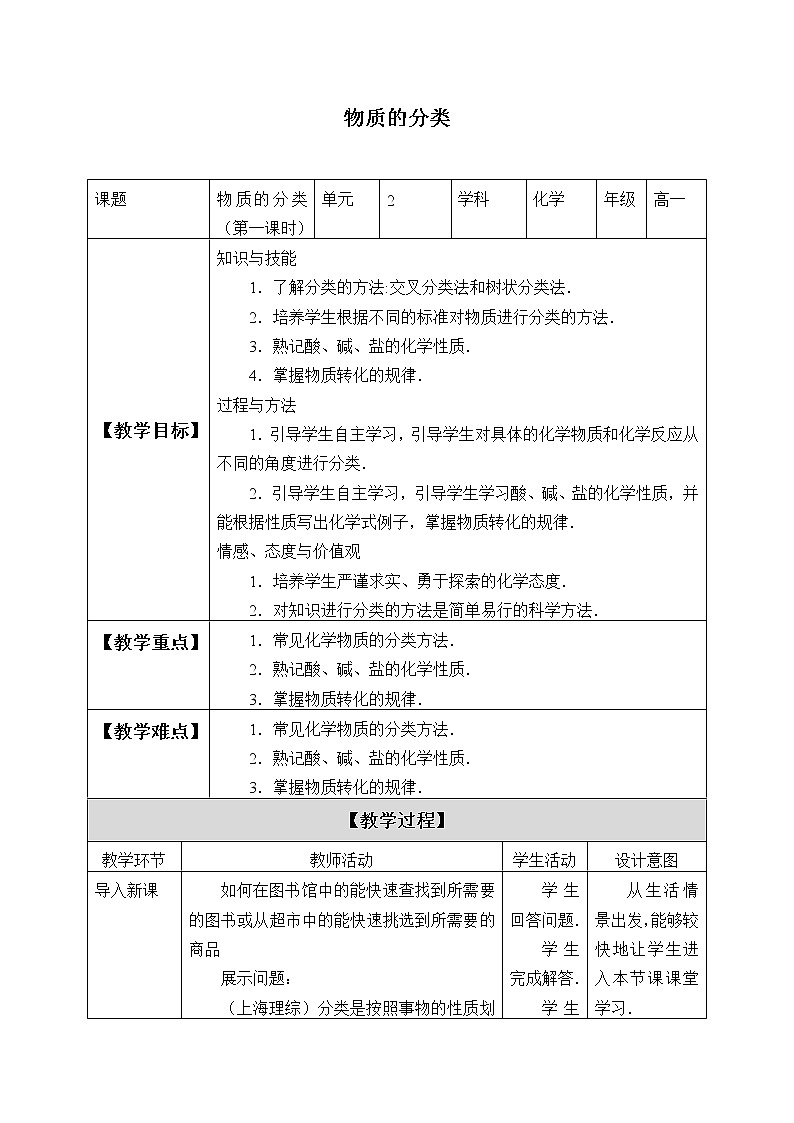 高中化学人教版(2019)必修第一册(教案)物质的分类01
