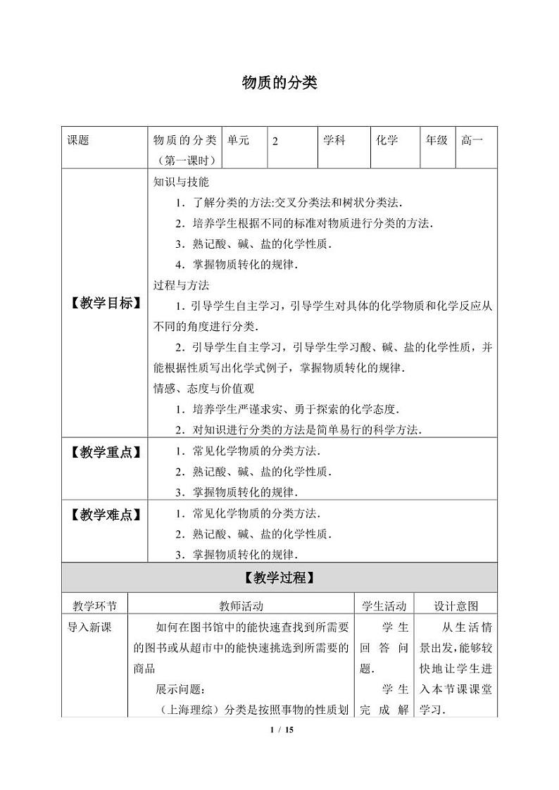 高中化学人教版(2019)必修第一册(教案)物质的分类第1页