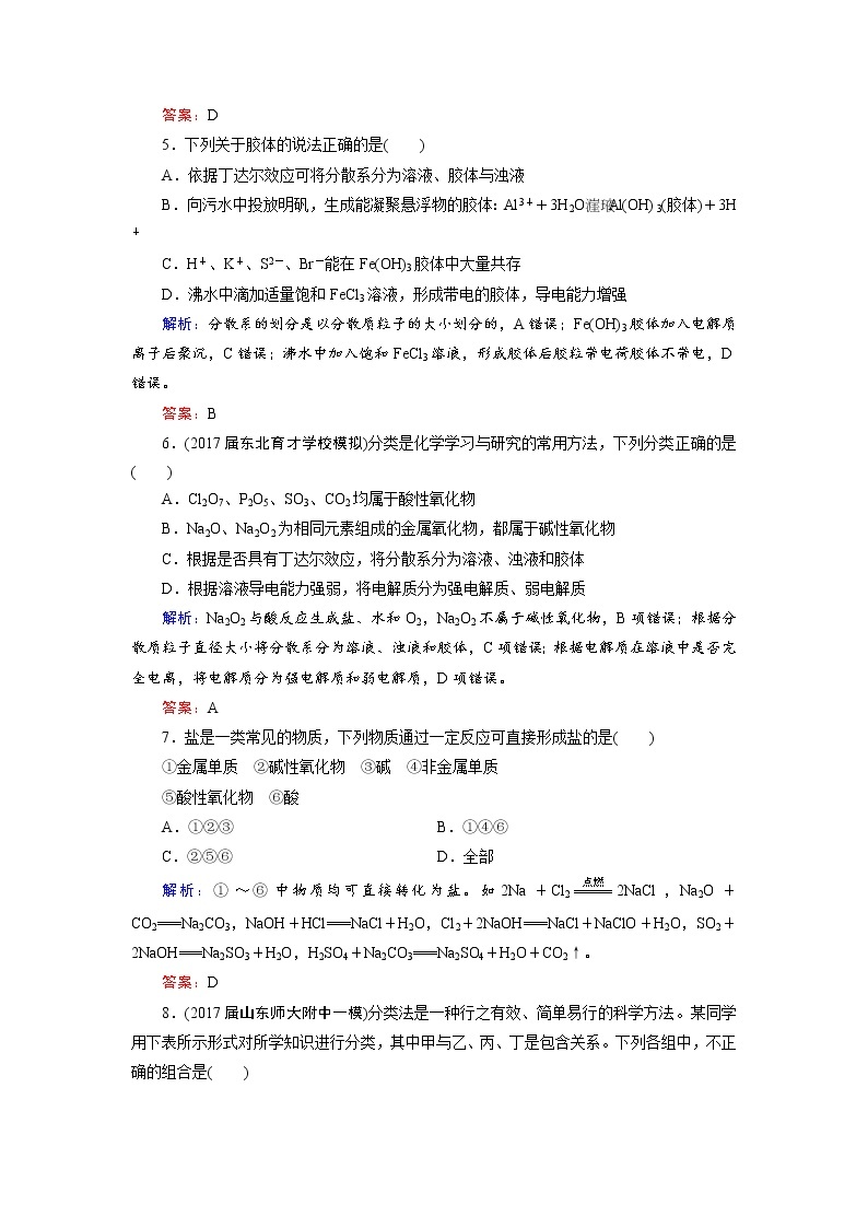 2018年高考化学总复习 课时跟踪检测 三　物质的分类 Word版含答案02