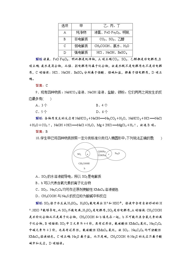 2018年高考化学总复习 课时跟踪检测 三　物质的分类 Word版含答案03