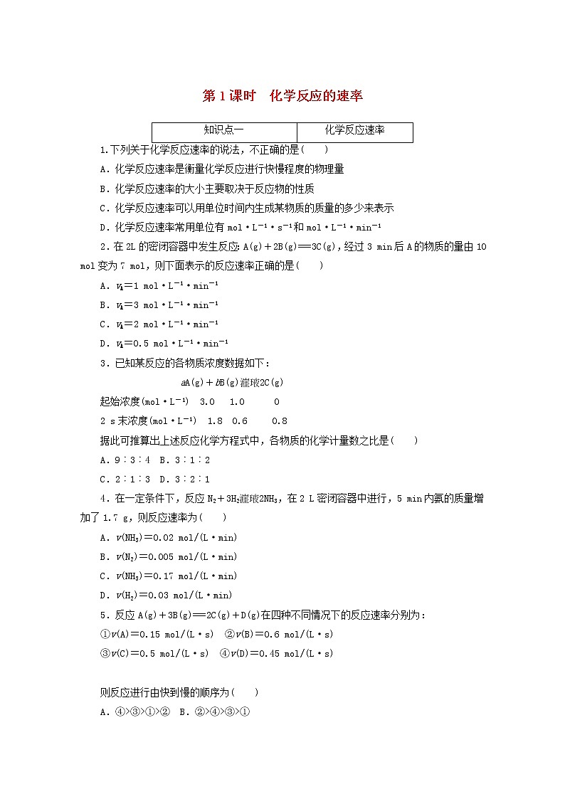 2020_2021學(xué)年新教材高中化學(xué)第六章化學(xué)反應(yīng)與能量第二節(jié)第1課時化學(xué)反應(yīng)的速率課時作業(yè)含解析新人教版必修220210220191第1頁
