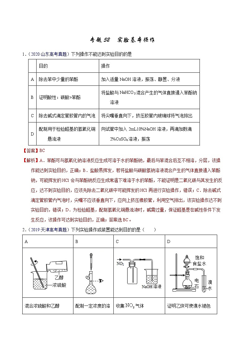 高考化学(2011~2020)真题专项练习 专题52 实验基本操作(教师版)01