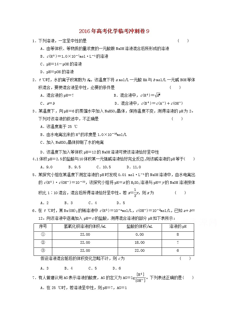 高考化学临考冲刺卷901