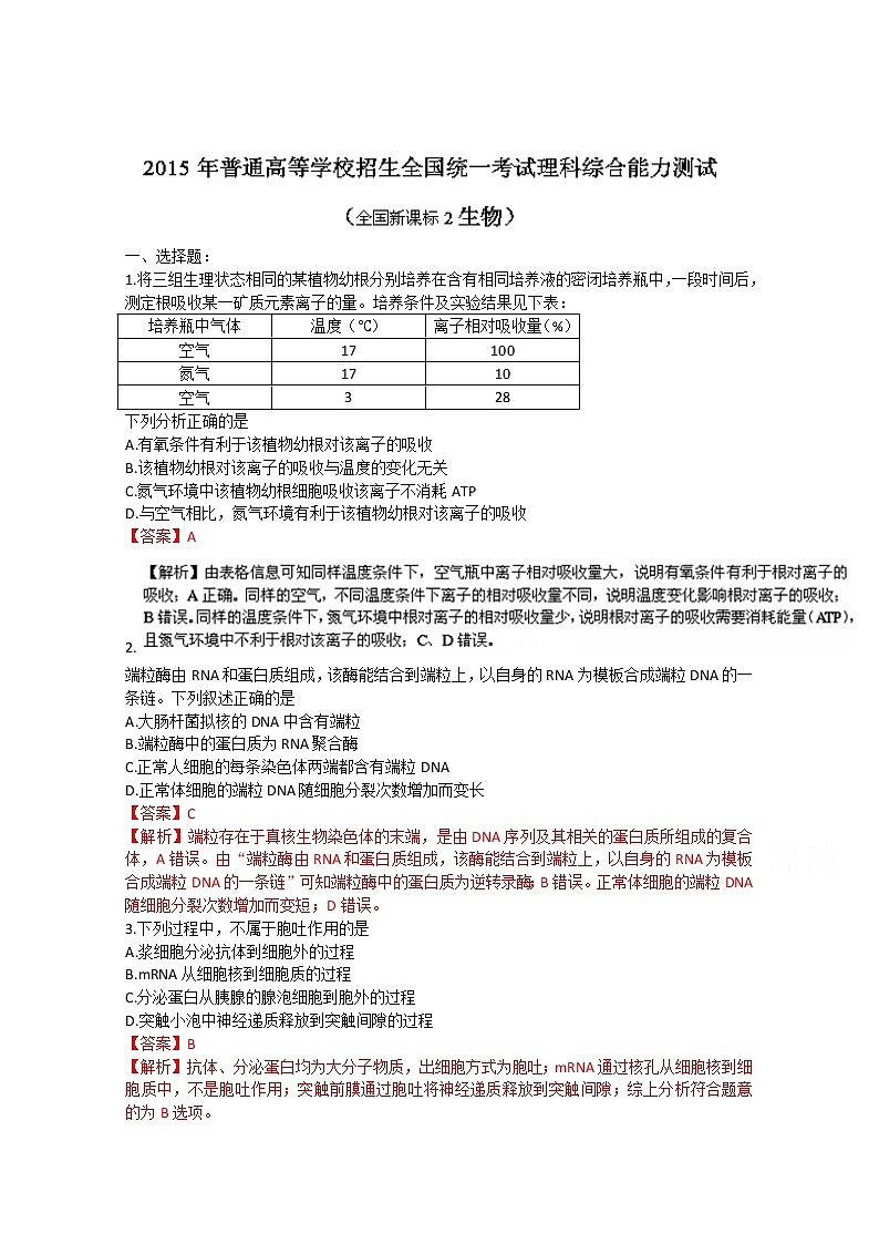 2015年高考真题:理科综合(新课标II卷)(Word版,含解析)第1页