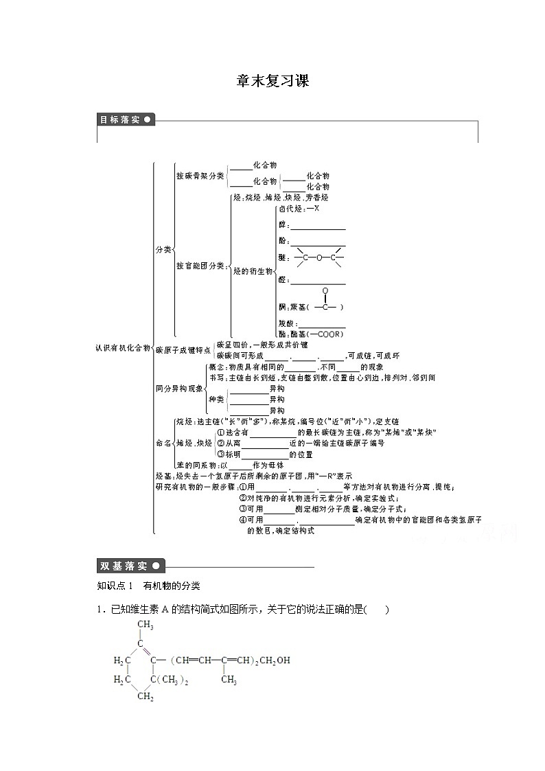 高中化学(人教版,选修5) 第一章认识有机化合物 章末复习课 试卷01