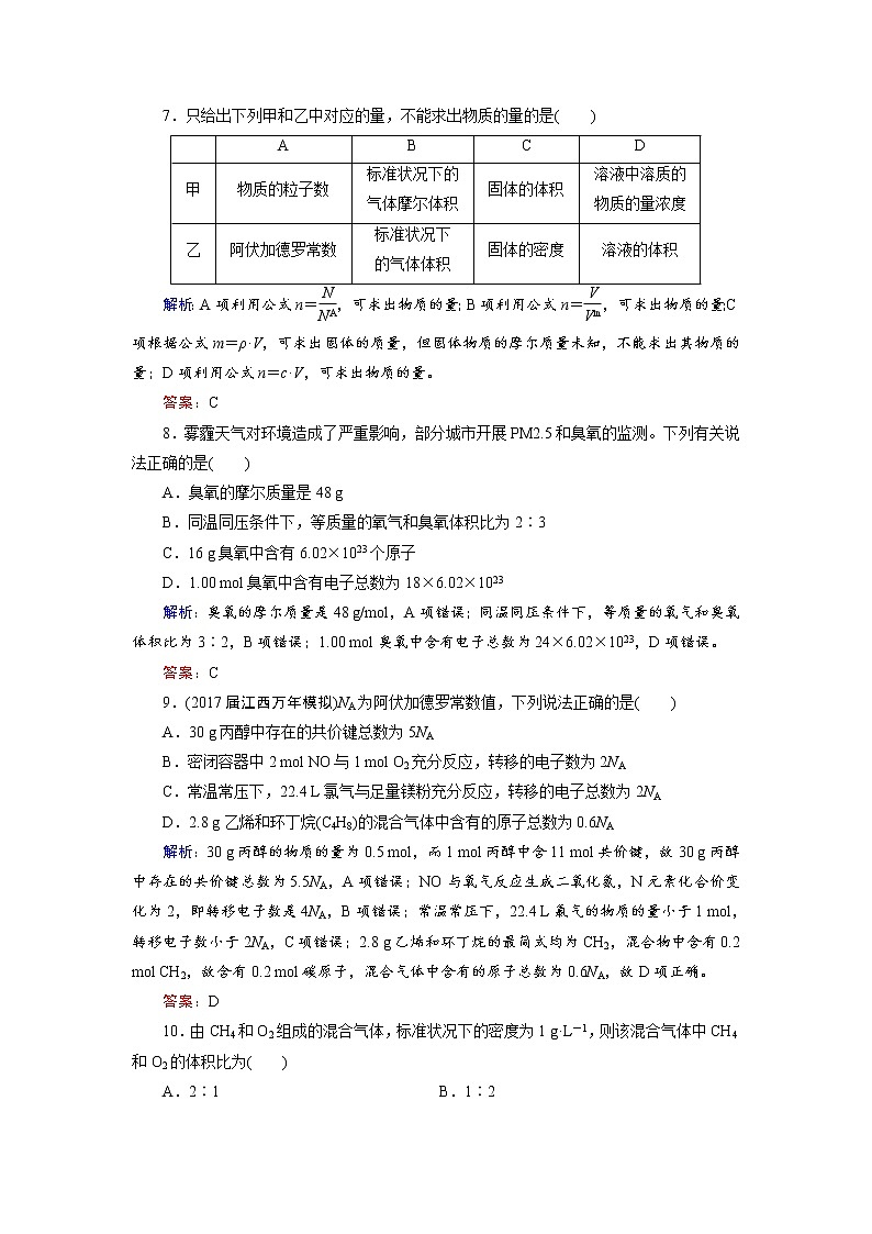 高考化学总复习 课时跟踪检测 一 物质的量 气体摩尔体积 Word版含答案03