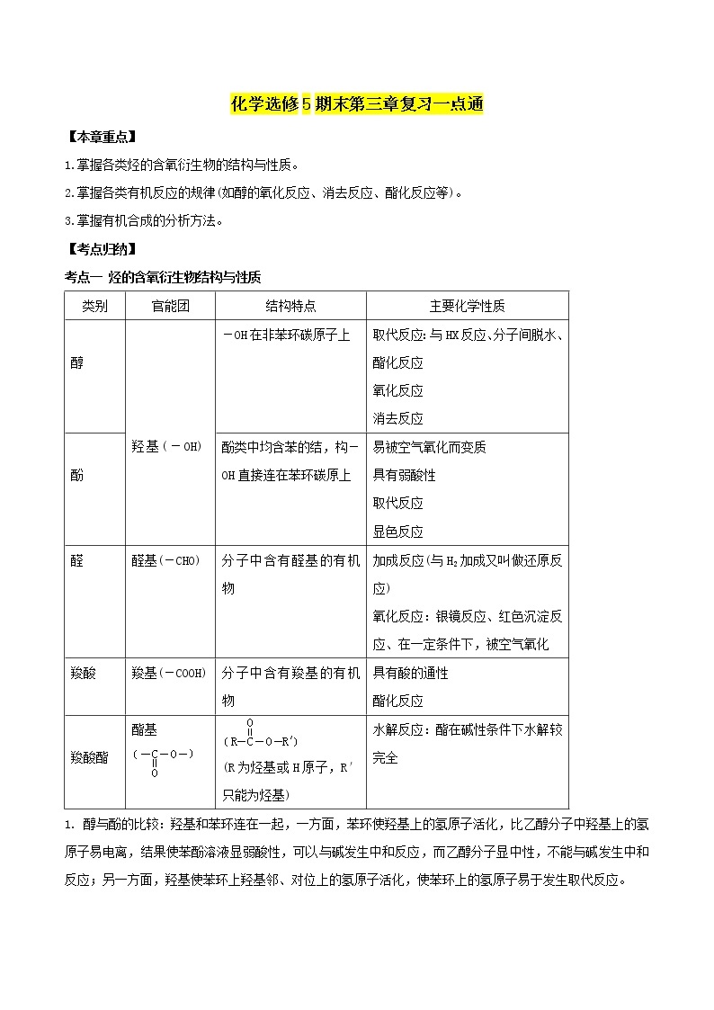 高中化学 人教版 选修5 期末复习一点通（第03章）综合能力测试+知识点回顾01