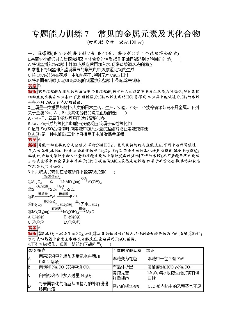 专题能力训练7 常见的金属元素及其化合物 (含答案解析)01