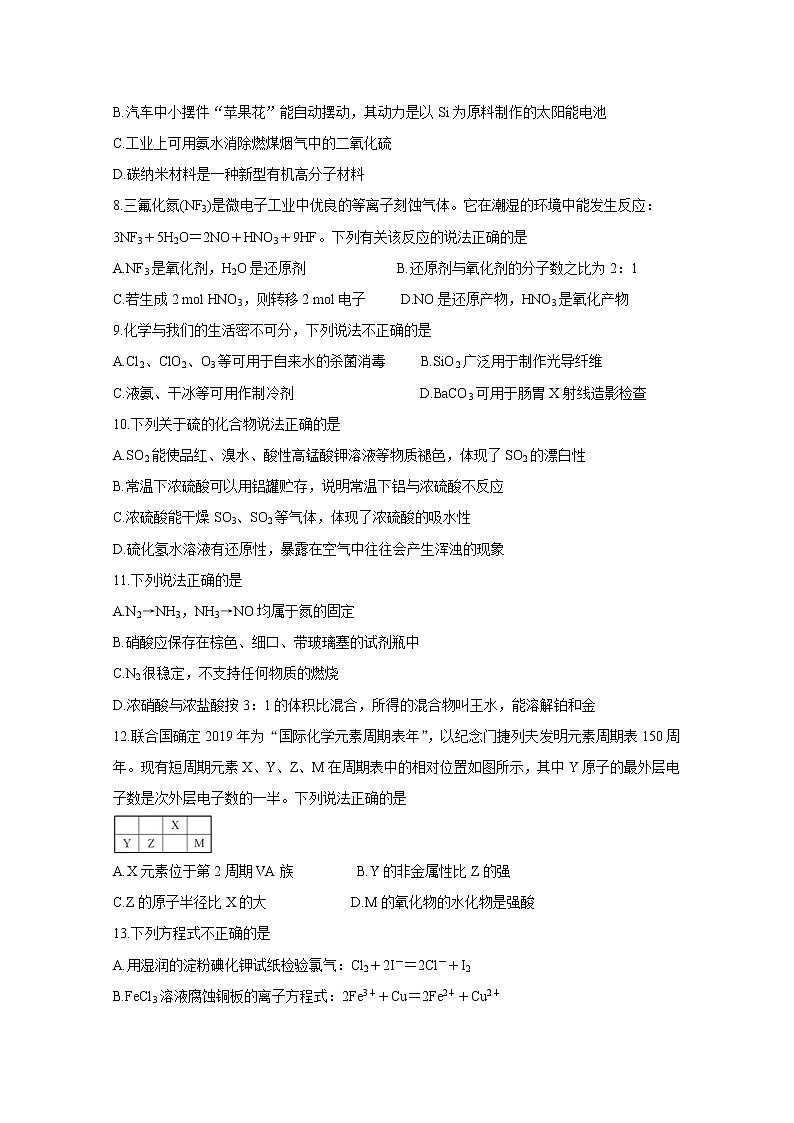 浙江省七彩阳光新高考研究联盟2020-2021学年高一下学期期中联考+化学+答案 试卷02